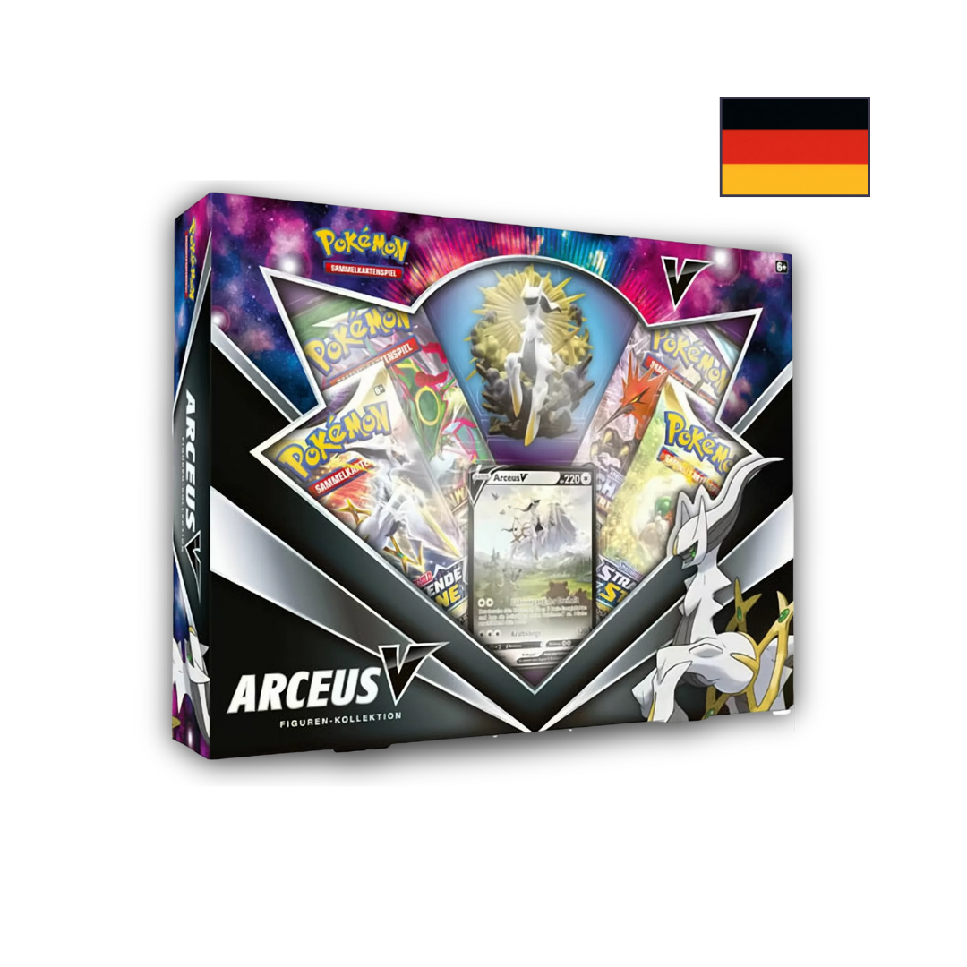 Abbildung einer original verschweißten Pokémon Arceus V Figuren-Kollektion Box mit Promo-Karte, Arceus-Figur und Boostern.