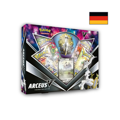 Abbildung einer original verschweißten Pokémon Arceus V Figuren-Kollektion Box mit Promo-Karte, Arceus-Figur und Boostern.