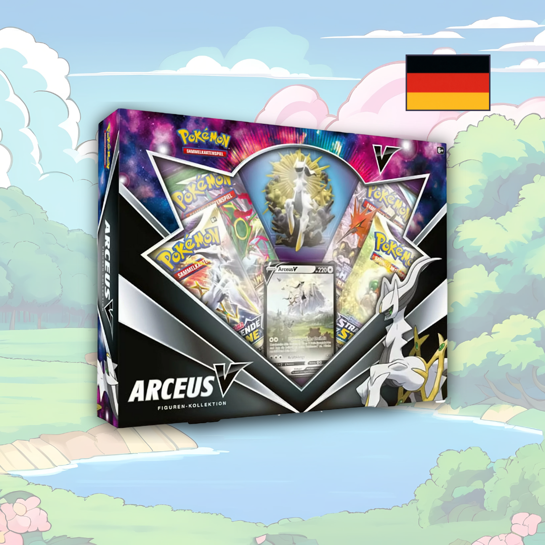 Abbildung einer original verschweißten Pokémon Arceus V Figuren-Kollektion Box mit Promo-Karte, Arceus-Figur und Boostern.