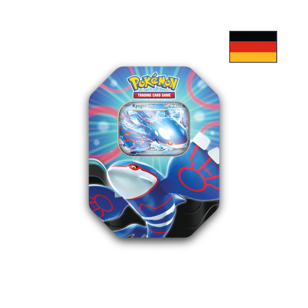 Abbildung einer original verschweißten Pokémon Azure Legenden Kyogre ex Tin mit 4 Boostern und Promo-Karte.