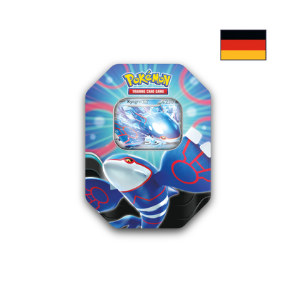 Abbildung einer original verschweißten Pokémon Azure Legenden Kyogre ex Tin mit 4 Boostern und Promo-Karte.