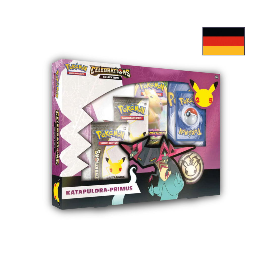 Bild einer original verschweißten Pokémon Celebrations Katapuldra-Primus (Dragapult Prime) Kollektion mit Promo-Karten, Oversize-Karte, Boosterpack, Münze und Ordner