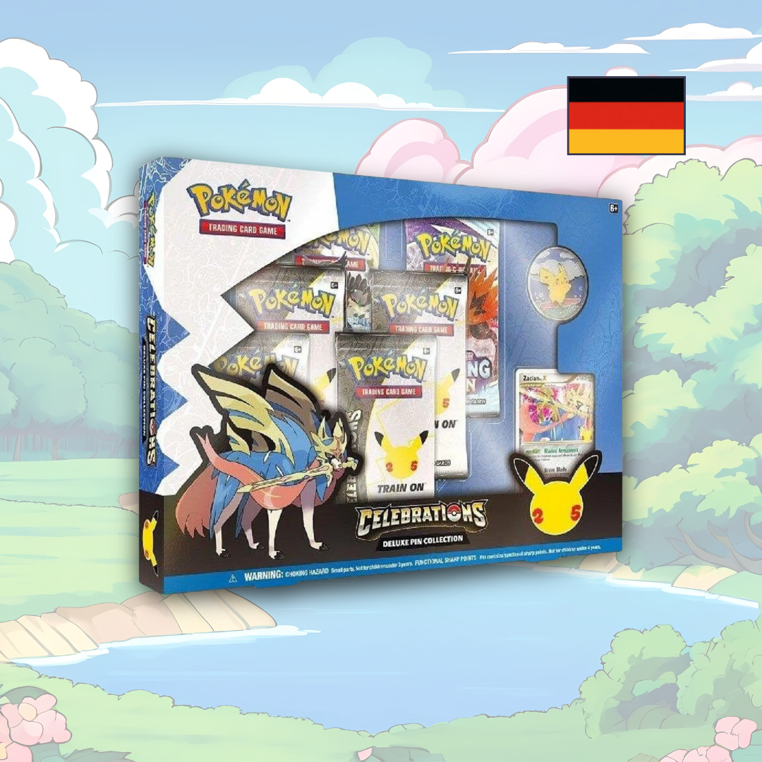 Abbildung einer original verschweißten Pokémon Celebrations Deluxe Pin Kollektion mit Promo-Karte, Enamel Pin und Boosterpacks
