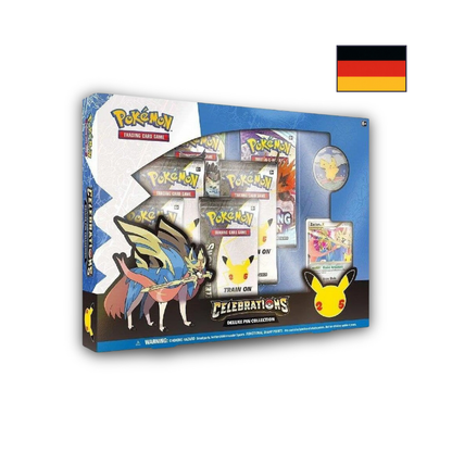 Abbildung einer original verschweißten Pokémon Celebrations Deluxe Pin Kollektion mit Promo-Karte, Enamel Pin und Boosterpacks