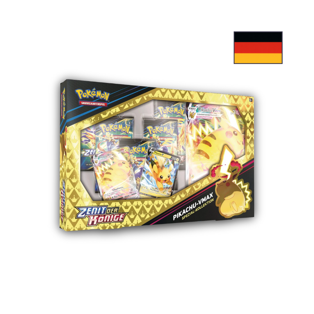 Abbildung einer original verschweißten Pokémon Zenit der Könige Pikachu VMAX Spezial-Kollektion mit Promokarten und 5 Boostern