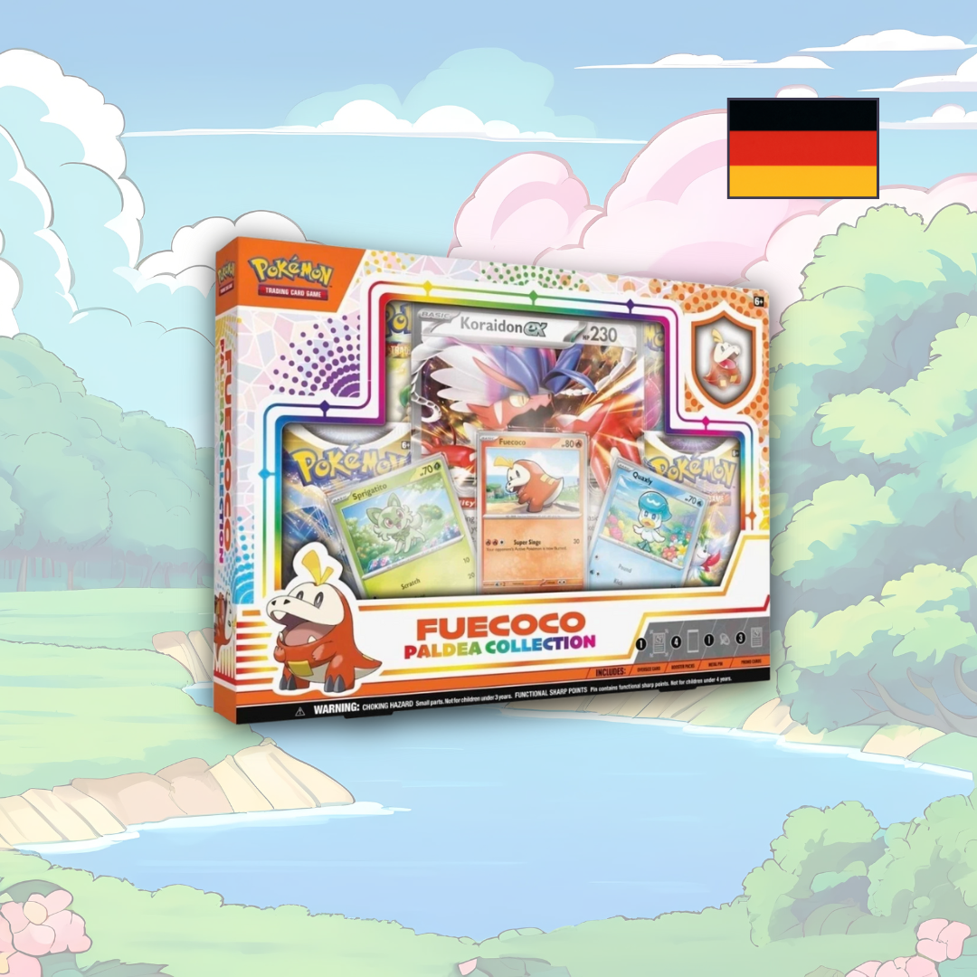 Abbildung einer original verschweißten Pokémon Paldea Kollektion Box (Krokel / Fuecoco Version) mit Promokarten, Oversize-Karte, Pin und Boostern