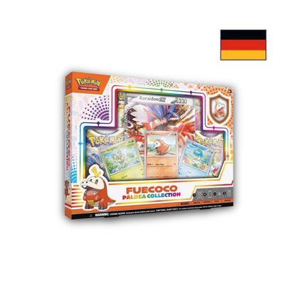 Abbildung einer original verschweißten Pokémon Paldea Kollektion Box (Krokel / Fuecoco Version) mit Promokarten, Oversize-Karte, Pin und Boostern
