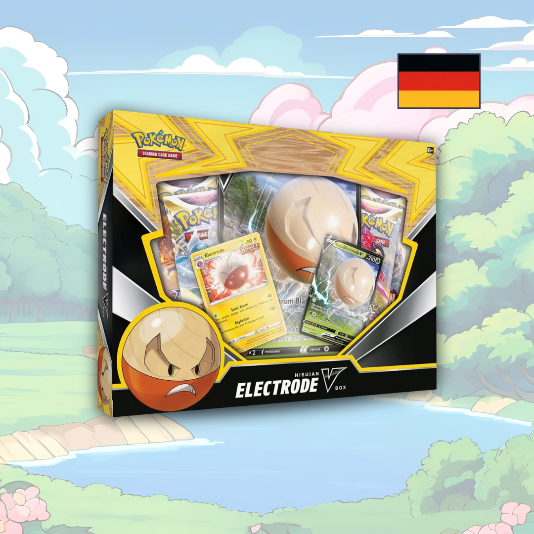 Abbildung einer original verschweißten Pokémon Hisuian Electrode V Box mit Promo-Karten und 4 Boostern