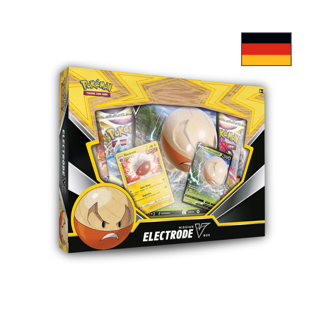 Abbildung einer original verschweißten Pokémon Hisuian Electrode V Box mit Promo-Karten und 4 Boostern