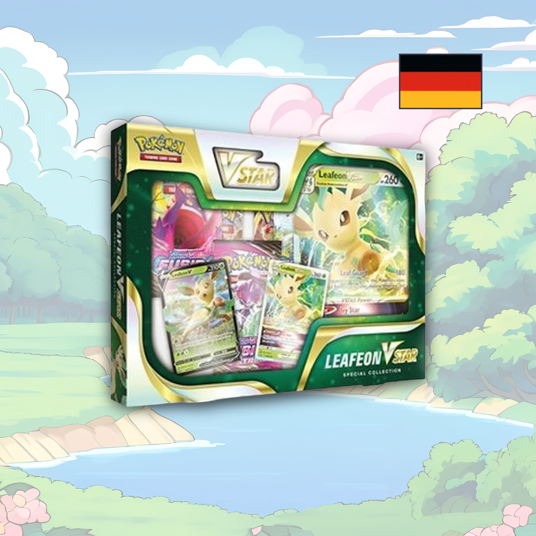 Abbildung einer original verschweißten Pokémon Folipurba VSTAR Spezial-Kollektion Box mit Promokarten, Oversize-Karte, VSTAR-Marker und Boostern.