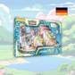 Abbildung einer original verschweißten Pokémon Lucario VSTAR Premium Kollektion Box mit Lucario-Promo-Karten, Oversize-Karte, Pin, Münze und Boostern.