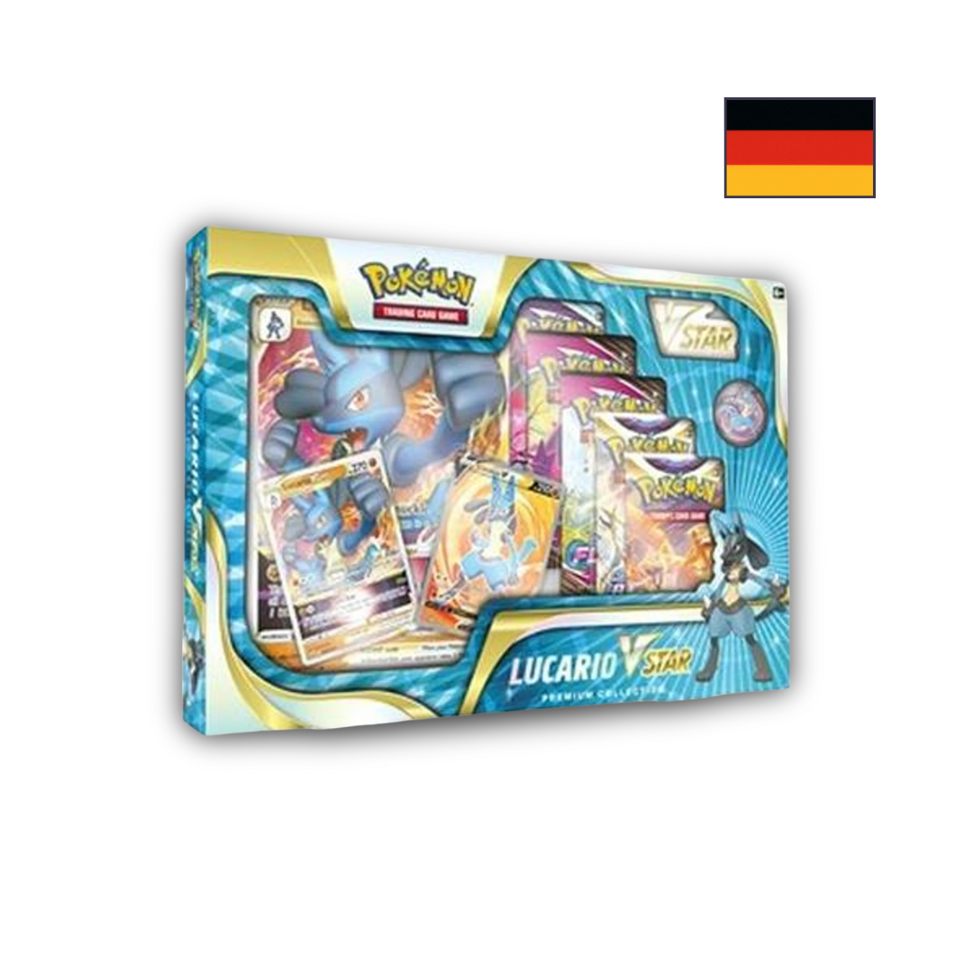 Abbildung einer original verschweißten Pokémon Lucario VSTAR Premium Kollektion Box mit Lucario-Promo-Karten, Oversize-Karte, Pin, Münze und Boostern.