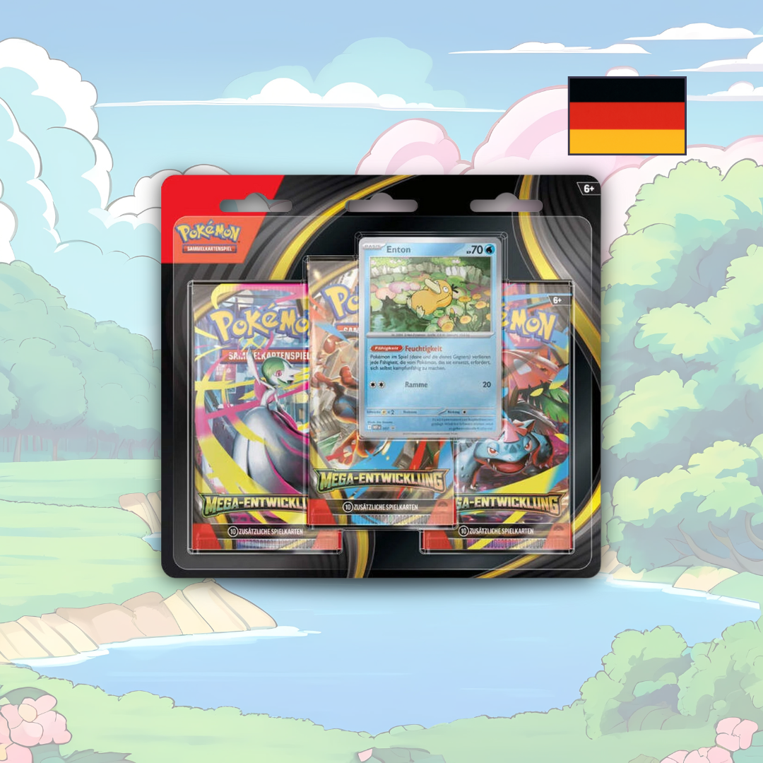 Abbildung eines original verschweißten Pokémon Mega-Entwicklung: Entoron 3-Pack Blisters mit drei Boostern und einer Promo-Karte