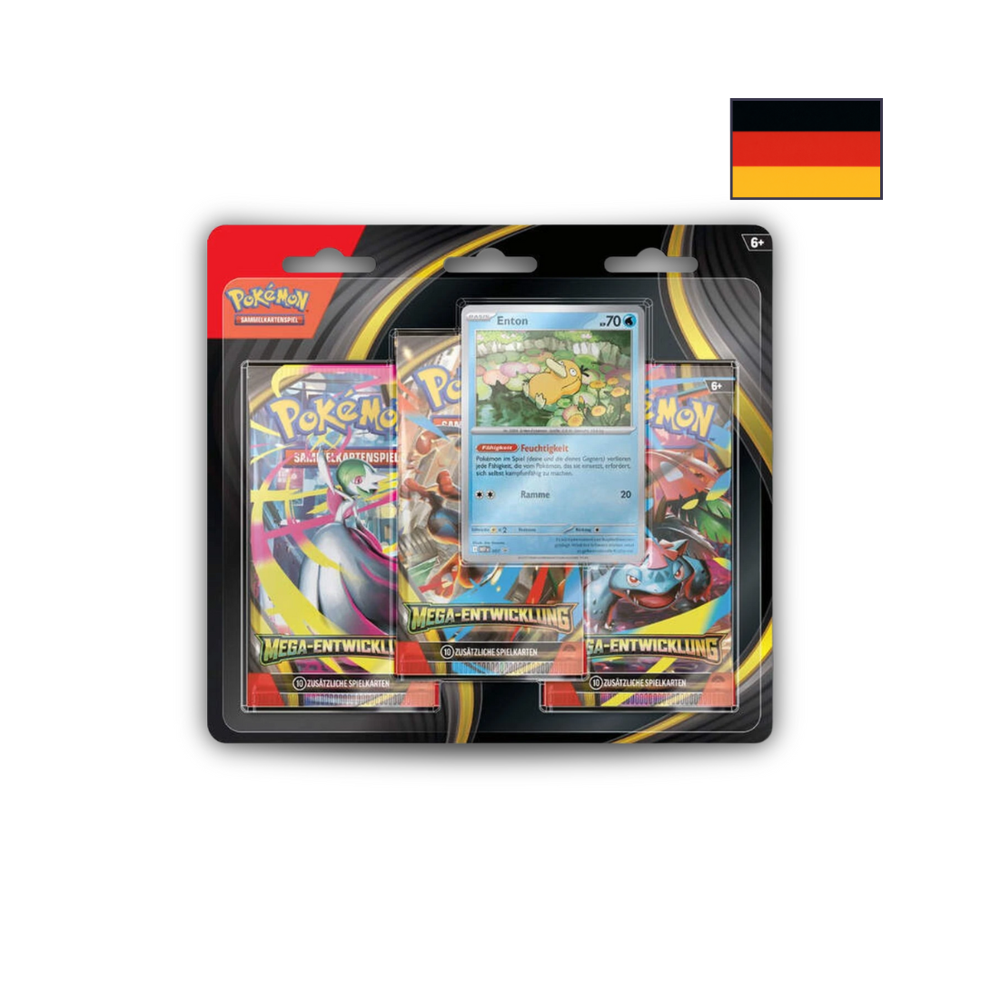 Abbildung eines original verschweißten Pokémon Mega-Entwicklung: Entoron 3-Pack Blisters mit drei Boostern und einer Promo-Karte