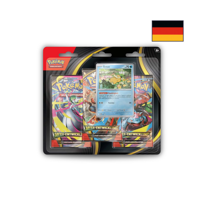 Abbildung eines original verschweißten Pokémon Mega-Entwicklung: Entoron 3-Pack Blisters mit drei Boostern und einer Promo-Karte