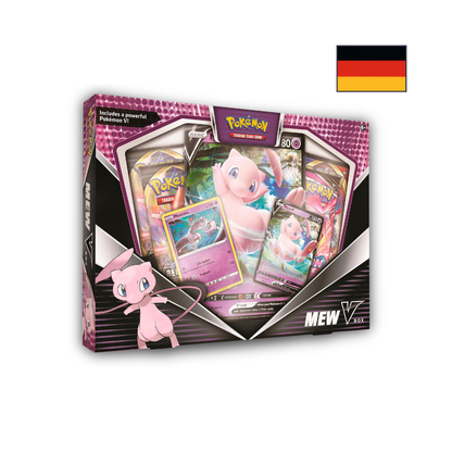 Bild einer original verschweißten Pokémon Mew V Box (deutsche Version) mit Promokarte und Boostern.