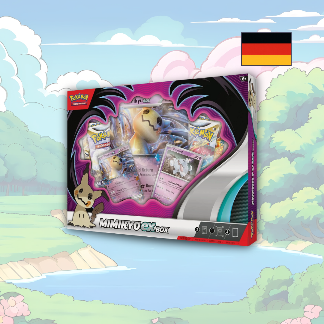 Abbildung einer original verschweißten Pokémon Mimigma-ex Kollektion Box mit Promokarten, Oversize-Karte und vier Boostern