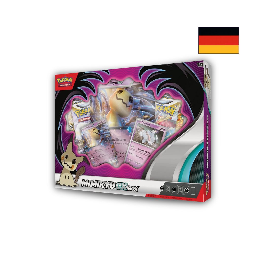 Abbildung einer original verschweißten Pokémon Mimigma-ex Kollektion Box mit Promokarten, Oversize-Karte und vier Boostern