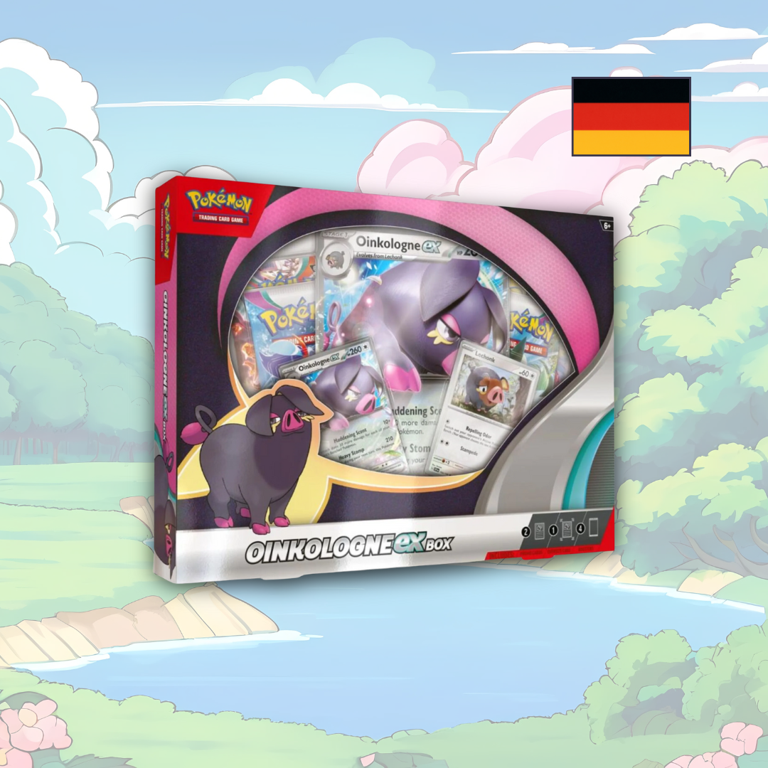Abbildung einer original verschweißten Pokémon Fragrunz ex Box mit Promo-Karten und Boosterpacks.
