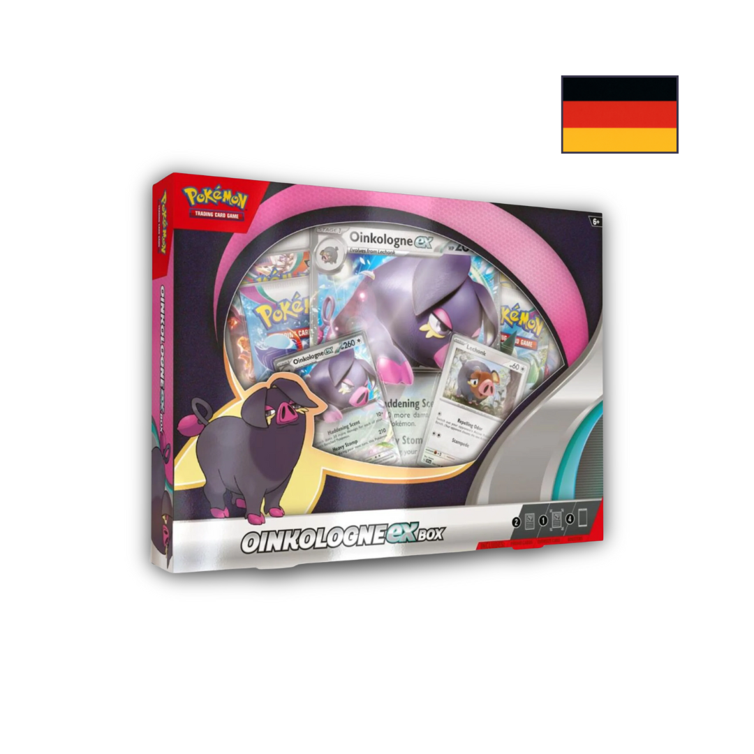 Abbildung einer original verschweißten Pokémon Fragrunz ex Box mit Promo-Karten und Boosterpacks.