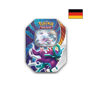Abbildung einer original verschweißten Pokémon Paradox Clash Walking Wake ex Tin mit 4 Boostern und Promo-Karte.