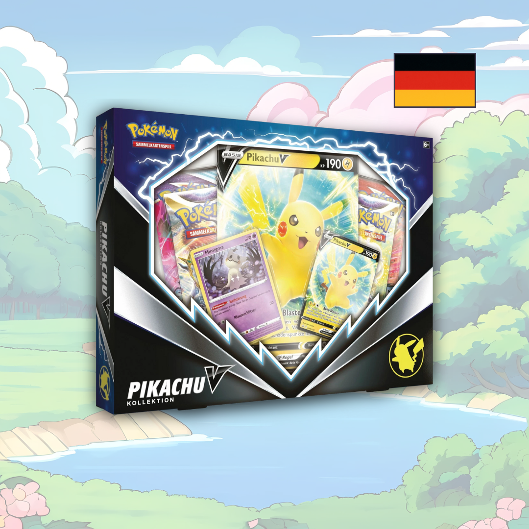 Abbildung einer original verschweißten Pokémon Pikachu V Box mit Promokarte, Oversize-Karte, Boosterpacks und Mimigma-Karte