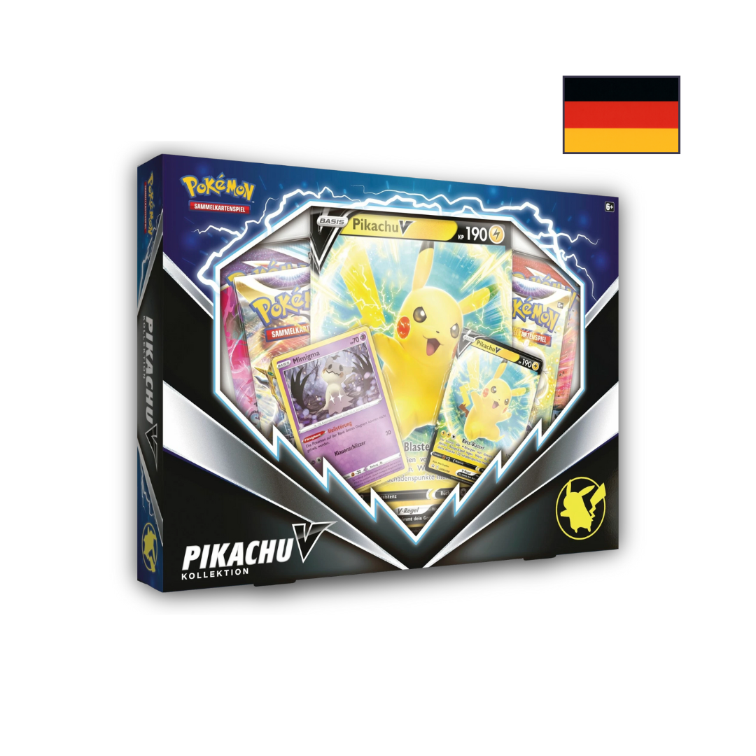 Abbildung einer original verschweißten Pokémon Pikachu V Box mit Promokarte, Oversize-Karte, Boosterpacks und Mimigma-Karte