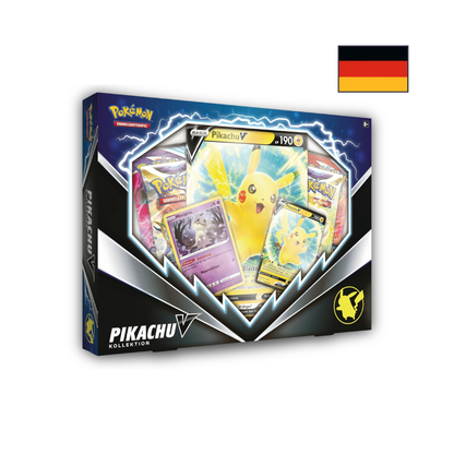 Abbildung einer original verschweißten Pokémon Pikachu V Box mit Promokarte, Oversize-Karte, Boosterpacks und Mimigma-Karte