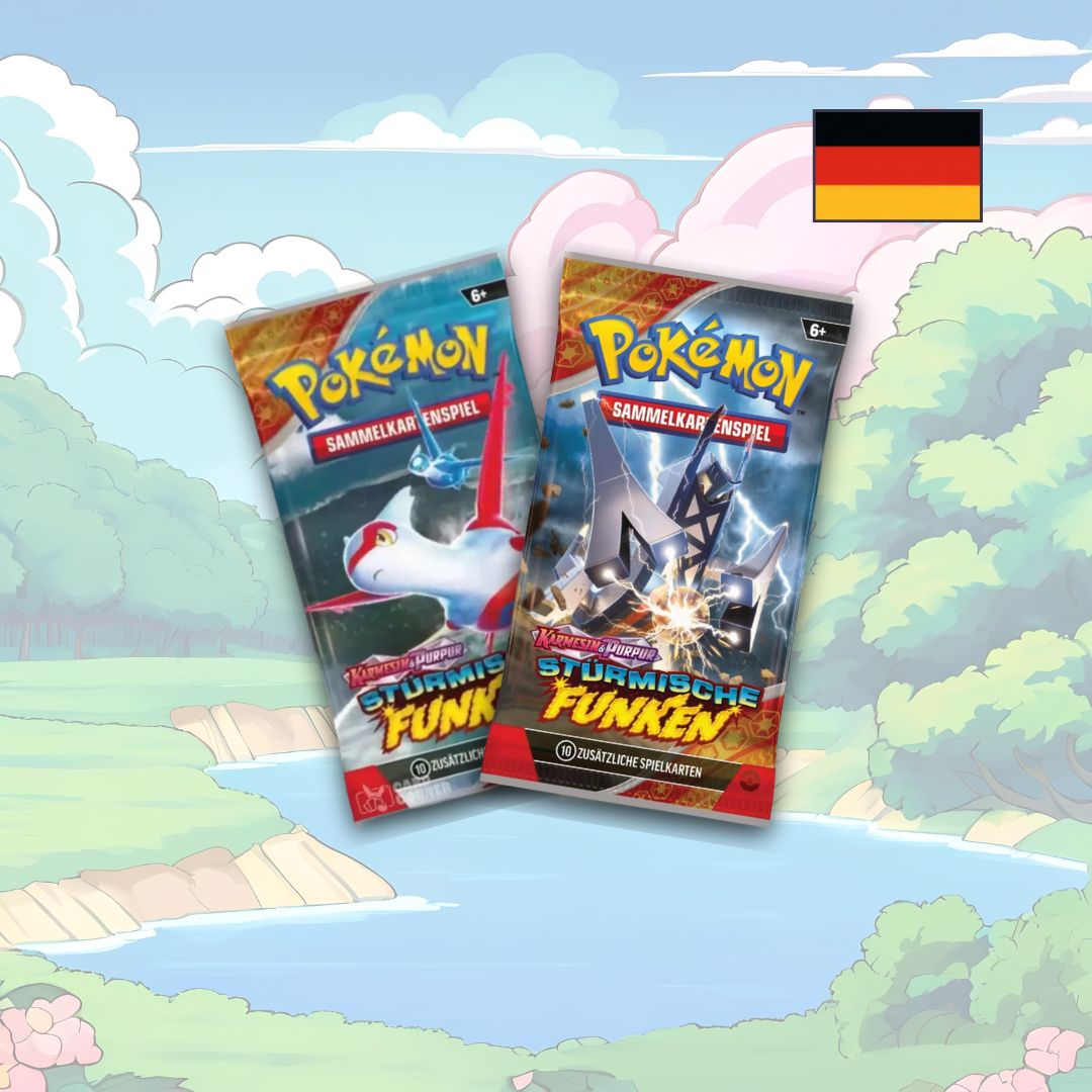 Abbildung eines original verschweißten Pokémon Stürmische Funken (Surging Sparks) 2-Pack Blisters mit zwei Booster-Packs.