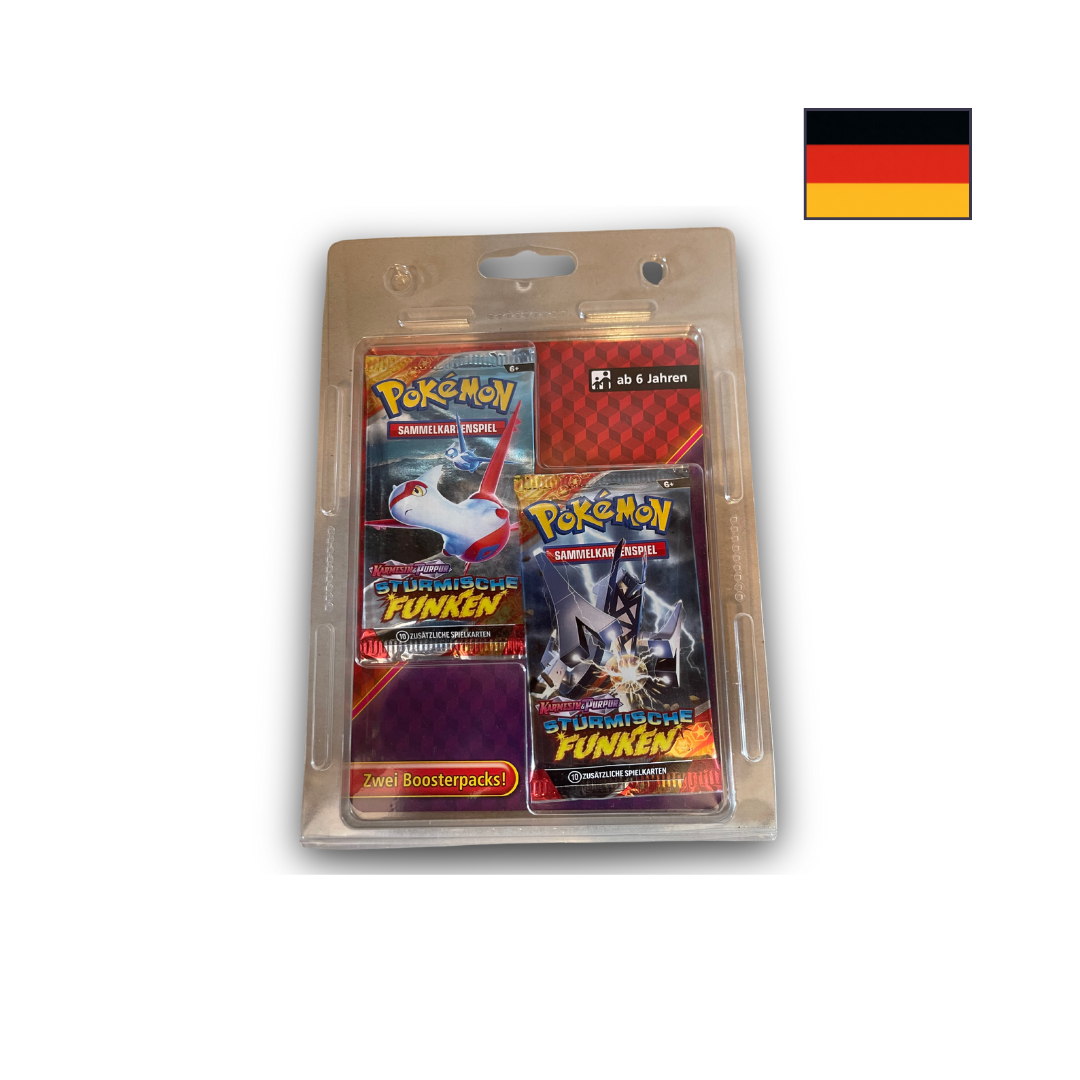 Abbildung eines original verschweißten Pokémon Stürmische Funken (Surging Sparks) 2-Pack Blisters mit zwei Booster-Packs.