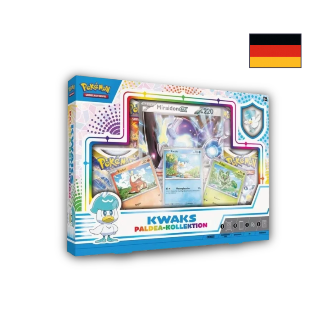 Abbildung einer original verschweißten Pokémon Kwaks Paldea Kollektion Box mit Promokarten, Oversize-Karte, Kwaks-Pin und Boostern