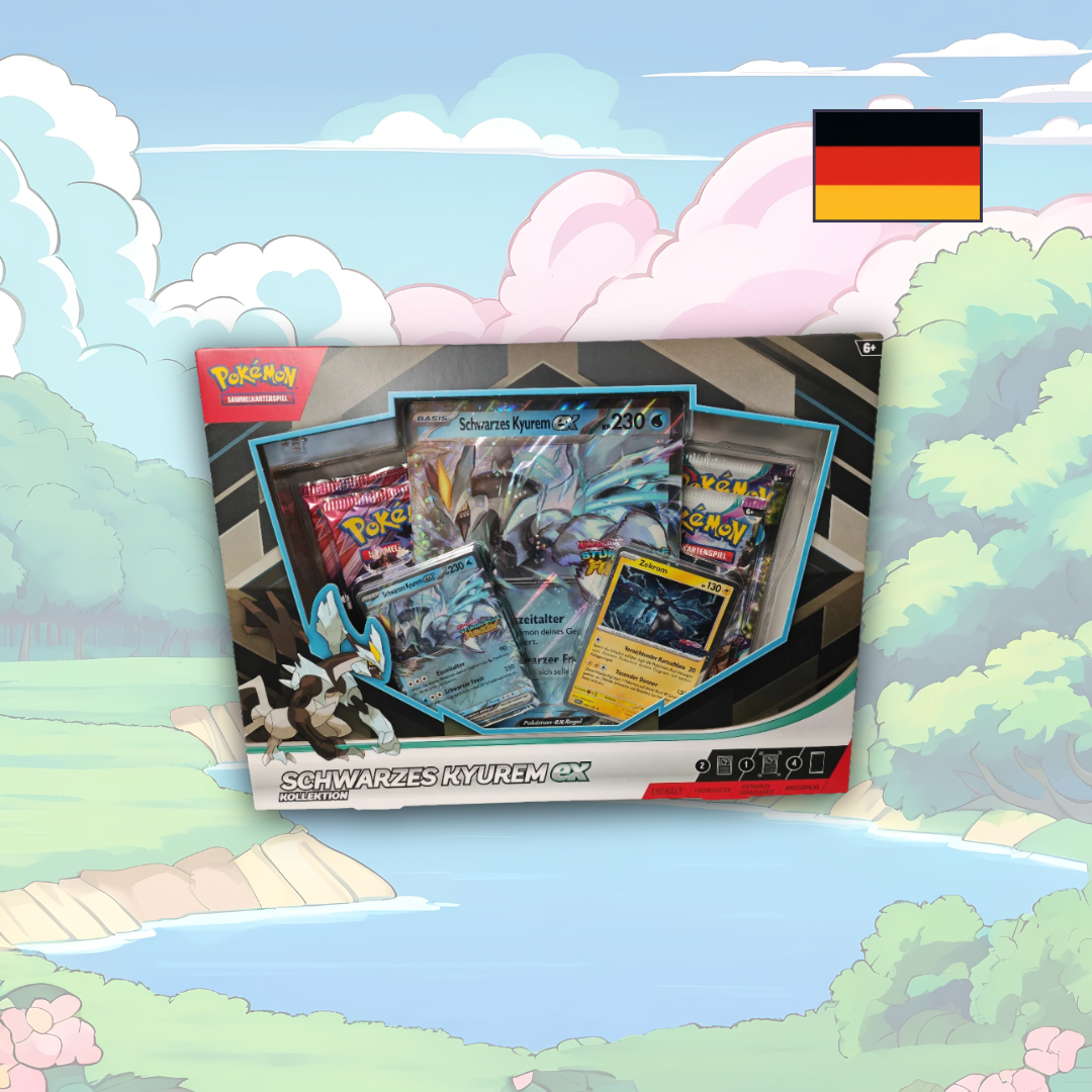 Abbildung einer original verschweißten Pokémon Kyurem V Box mit Promokarten, Oversize-Karte und 4 Boostern