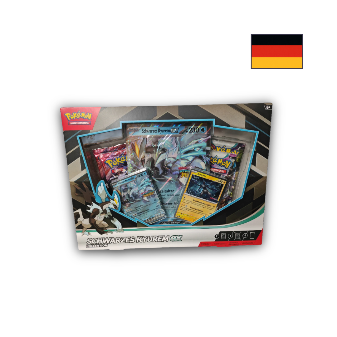 Abbildung einer original verschweißten Pokémon Kyurem V Box mit Promokarten, Oversize-Karte und 4 Boostern
