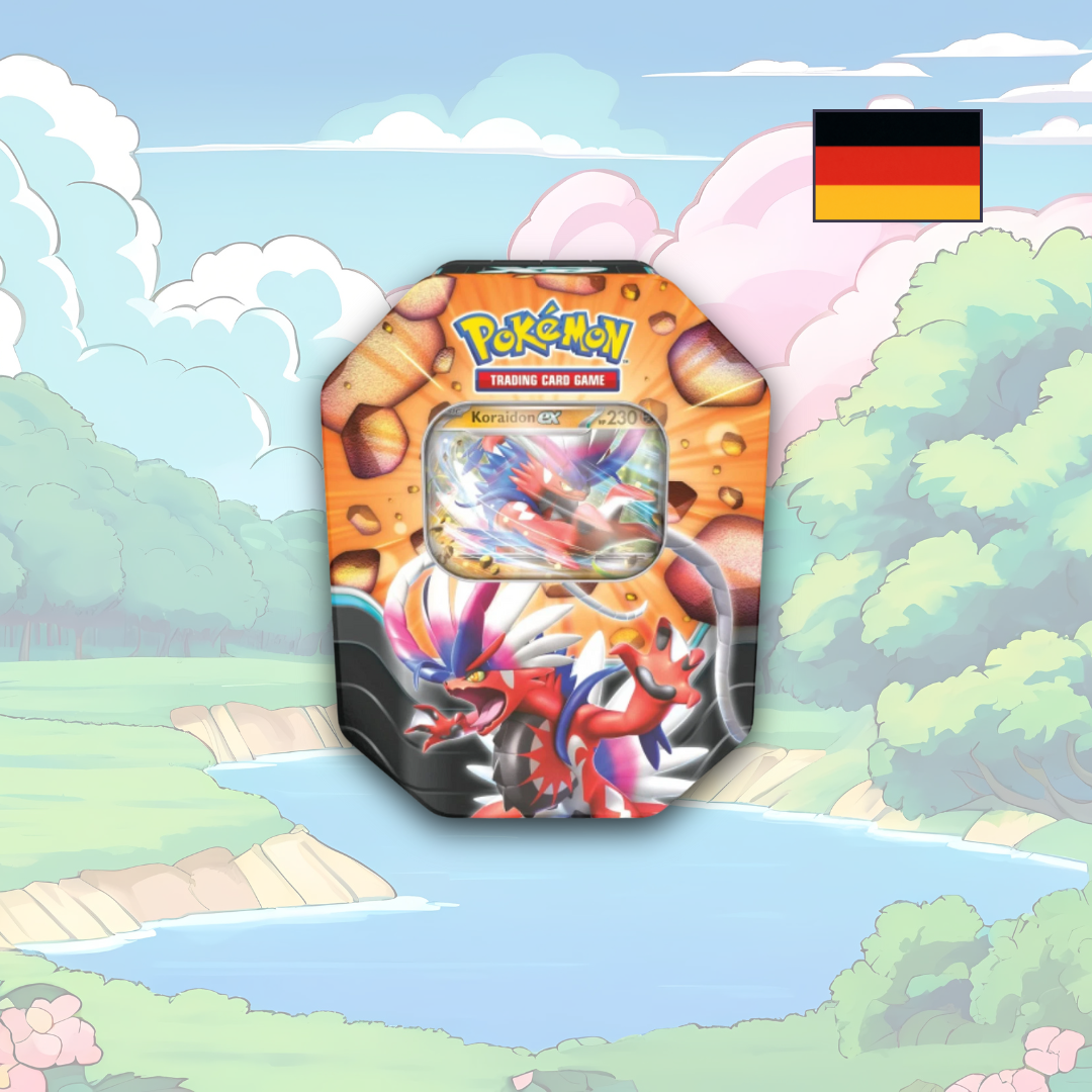 Abbildung einer original verschweißten Pokémon Slashing Legends Koraidon ex Tin mit 4 Boostern und Promo-Karte.