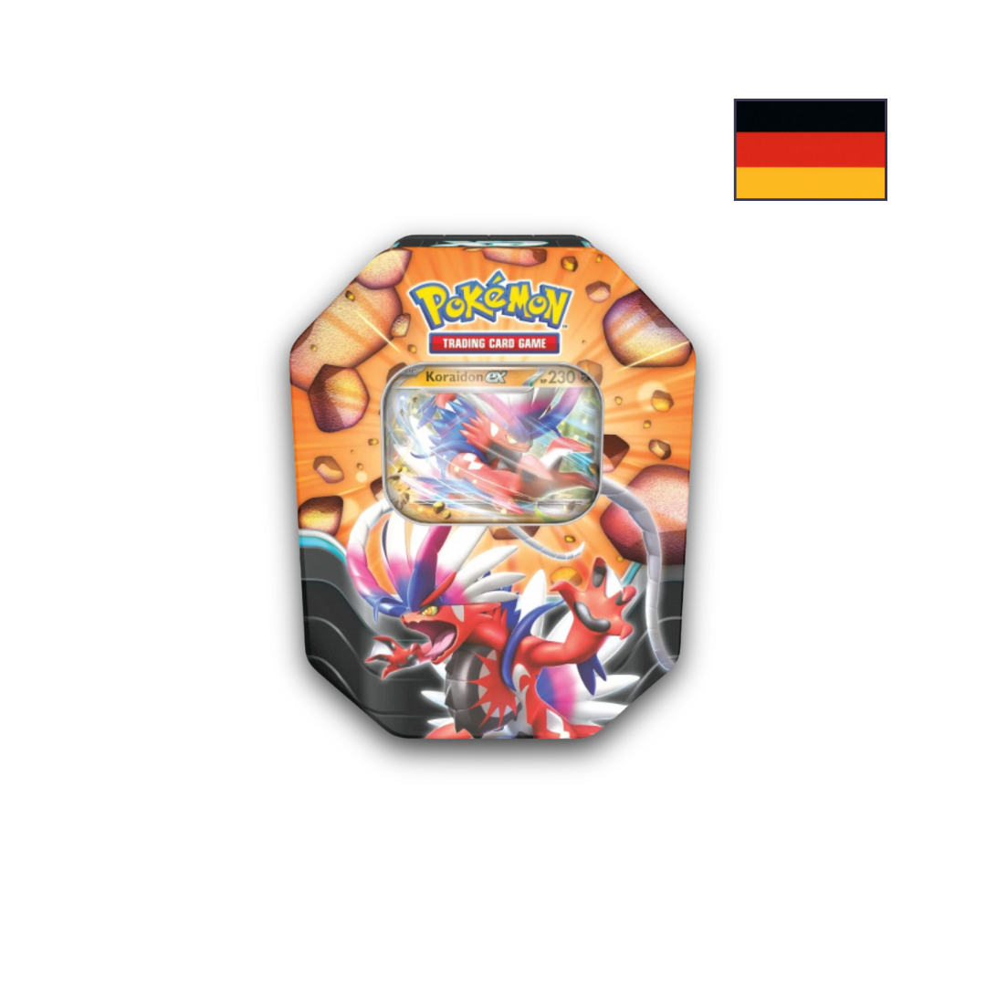 Abbildung einer original verschweißten Pokémon Slashing Legends Koraidon ex Tin mit 4 Boostern und Promo-Karte.