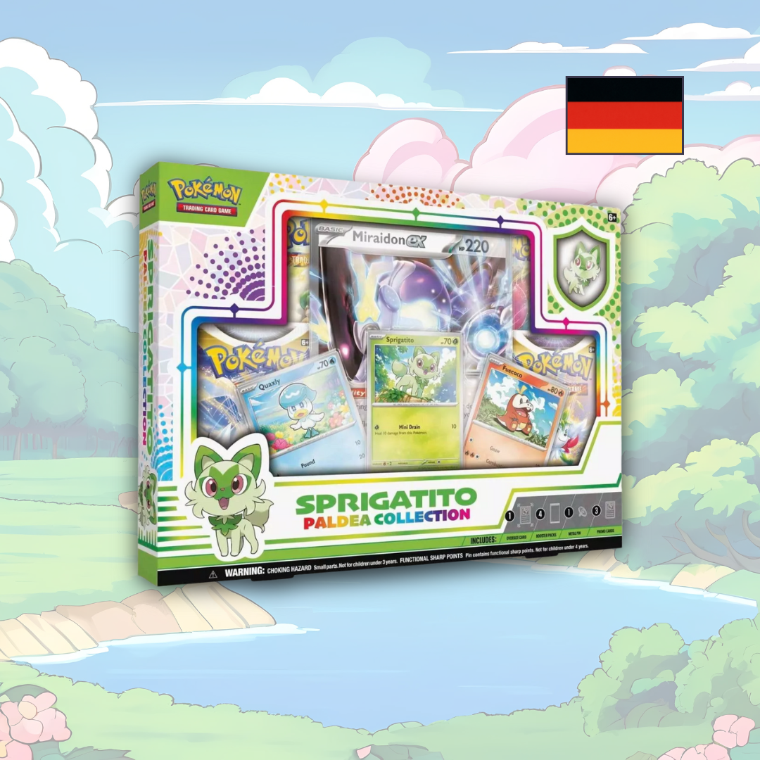 Abbildung einer original verschweißten Pokémon Felori Paldea Kollektion (Sprigatito Paldea Collection) Box mit Promokarten, Oversize-Karte, Pin und Boostern