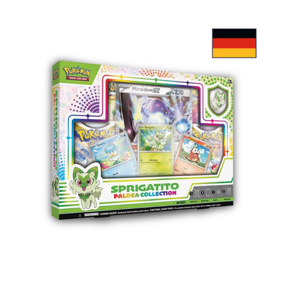 Abbildung einer original verschweißten Pokémon Felori Paldea Kollektion (Sprigatito Paldea Collection) Box mit Promokarten, Oversize-Karte, Pin und Boostern