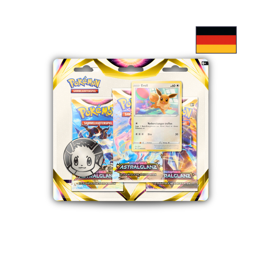 Abbildung eines original verschweißten Pokémon Astralglanz (Astral Radiance) 3-Pack Blisters mit drei Boostern, Promo-Karte und Münze.