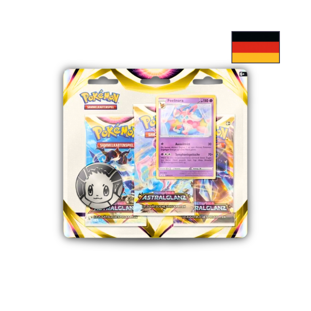 Abbildung eines original verschweißten Pokémon Astralglanz (Astral Radiance) 3-Pack Blisters mit drei Boostern, Promo-Karte und Münze.